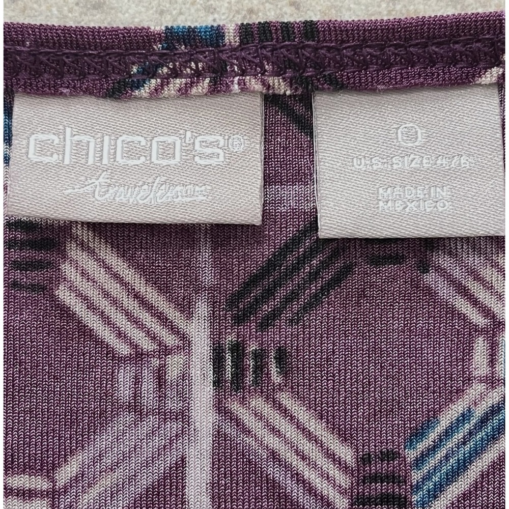 Chico's Travelers Womens Tunic Top Sz 4/6 Purple Geometric 3/4 Sleeve Round Neck - Picture 3 of 6
